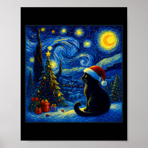 Poster Gato Preto Chapéu de Papai Noel Van Gogh Noite Est