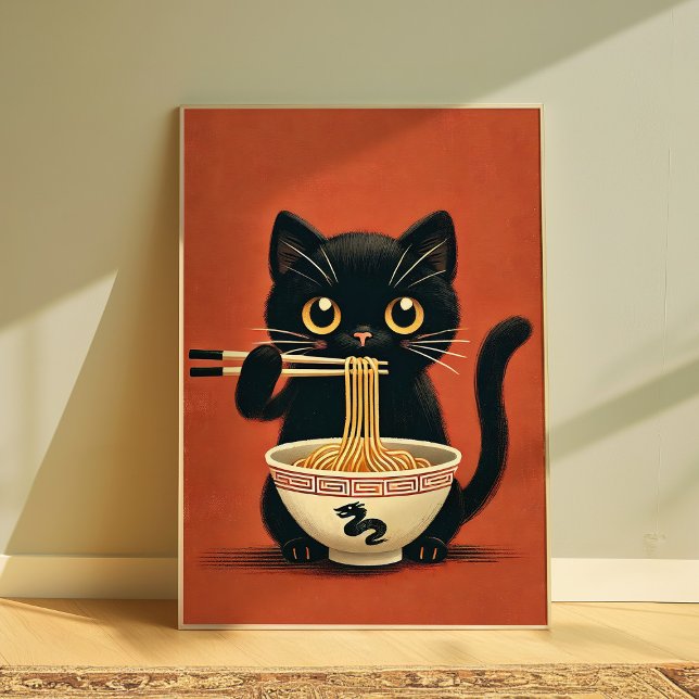 Poster Gato Preto Cinto Comendo Ramen Kawaii Noodle Wall (Criador carregado)