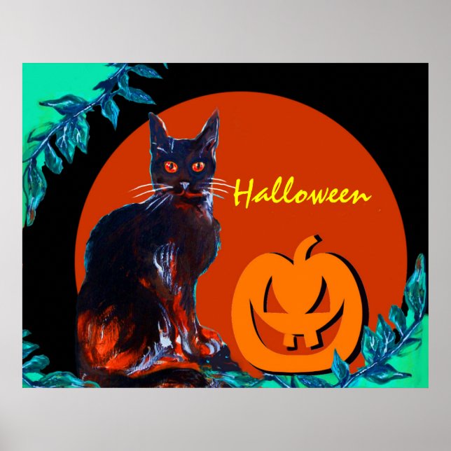POSTER GATO PRETO COM ABÓBORA NA NOITE DE HALLOWEEN (Frente)