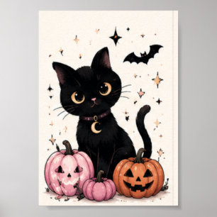 Poster Gato Preto com Colar de Lua Abóbora Rosa