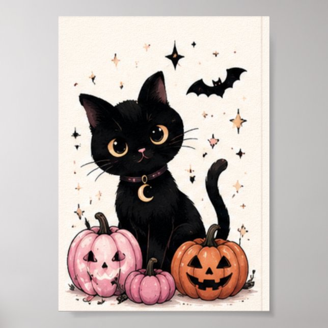 Poster Gato Preto com Colar de Lua Abóbora Rosa (Frente)