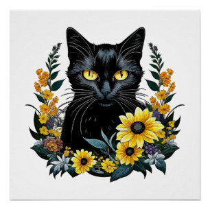 Pôster gato preto com flores
