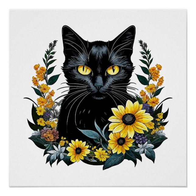Pôster gato preto com flores (Frente)