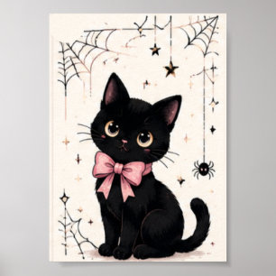 Poster Gato Preto com Laço Rosa Fofo Teia de Aranha