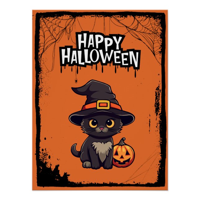 Pôster Gato Preto com Pumpkin Jack O Lanterna Halloween (Frente)