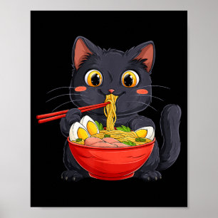Poster Gato Preto Comendo Macarrão Ramen Kawaii Estilo An