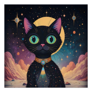 Pôster Gato Preto Cósmico Futurista Atômico ao Luar