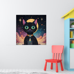 Poster Gato Preto Cósmico Futurista Atômico ao Luar