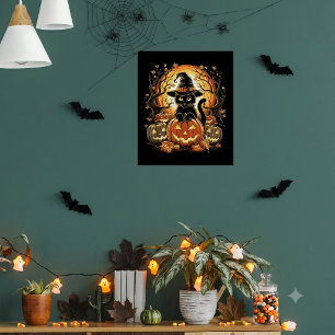 Poster Gato Preto de Abóbora de Halloween Bruxa Gato Assu
