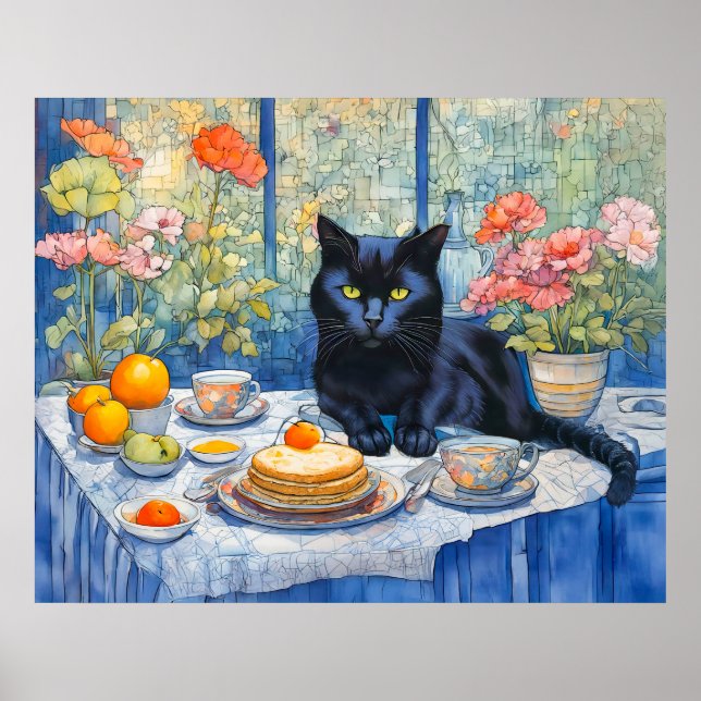 Poster Gato Preto de Aquarela com Mesa de Chá (Frente)