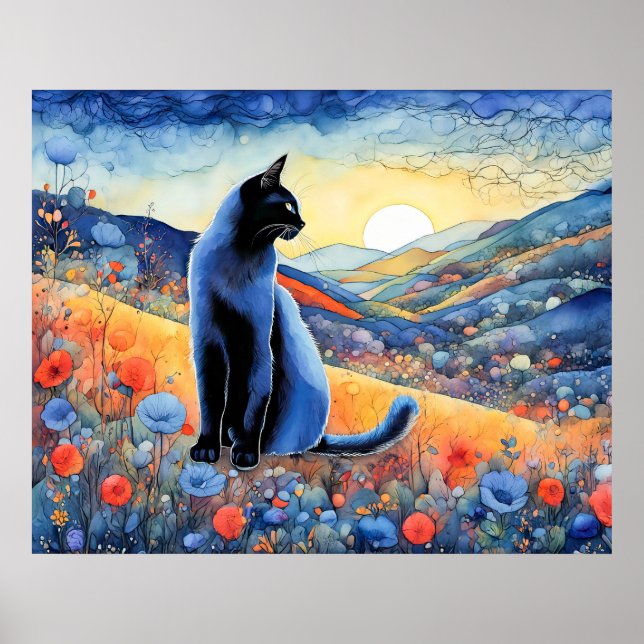 Poster Gato Preto de Aquarela em Colinas Sunset (Frente)