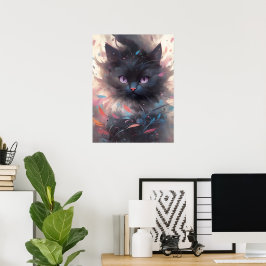 Poster Gato Preto de Cores Aquáticas Místicas | Gato cúmu