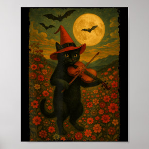 Poster Gato Preto de Halloween Antigo Tocando Violino Em
