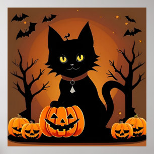 Poster Gato Preto de Halloween Cercado por Jack-o'-Lanter