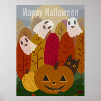 Poster Gato Preto de Halloween Fofo e Fantasmas Abóbora d