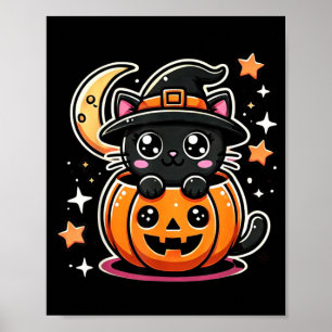 Poster Gato Preto de Halloween Fofo em Abóbora com Chapéu