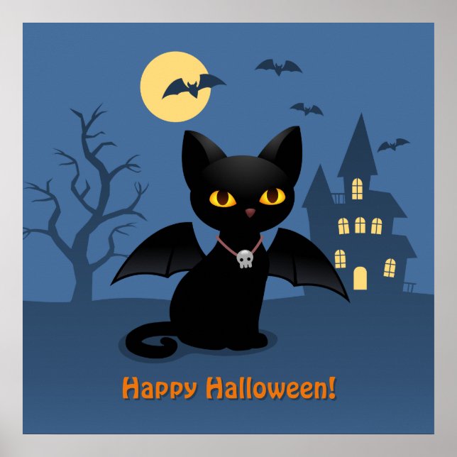 Poster Gato Preto de Halloween Vampiro com Asas (Frente)