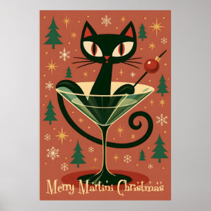Poster Gato Preto de Meados do Século Feliz Martini Natal