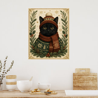 Poster Gato preto de Natal vintage