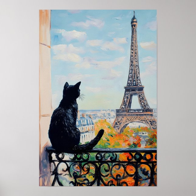 Poster Gato preto desfrutando da vista da Torre Eiffel (Frente)