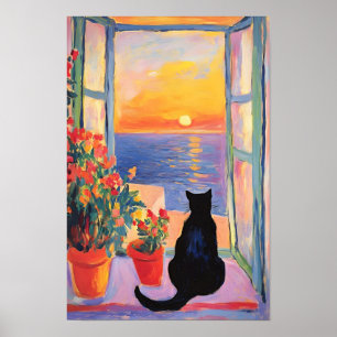 Poster Gato preto desfrutando da vista do mar