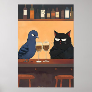 Poster Gato Preto Divertido e Pássaro