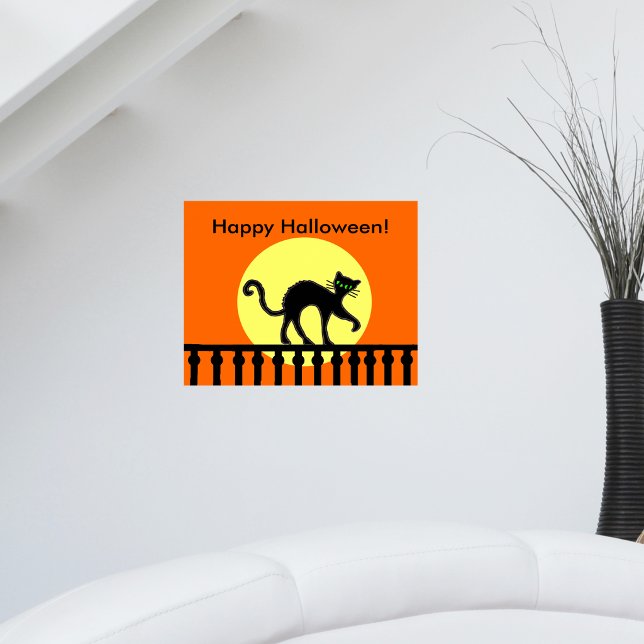 Poster Gato Preto do Dia das Bruxas Lua Cerca (Black cat arched back on black fence yellow moon on orange Happy Halloween wall poster decoration.)