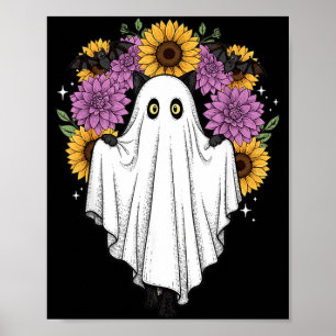 Poster Gato Preto do Halloween Fantasma Morcego Floral Fo