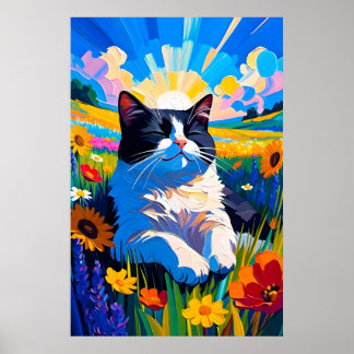 Poster Gato preto e branco fofo descansando em um prado e
