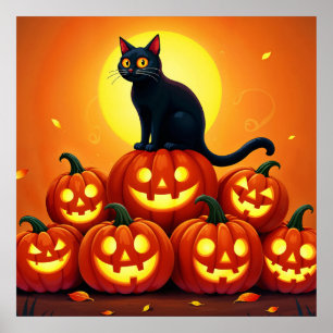 Poster Gato preto e lanternas de Jack bonitinhos e boniti