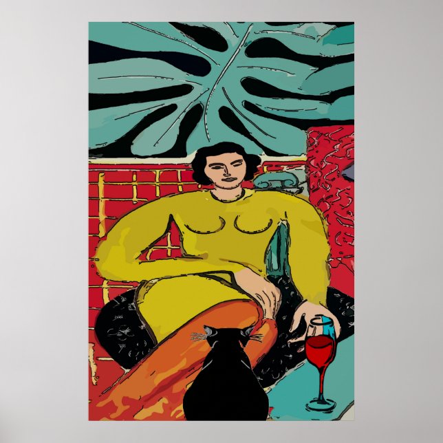 Poster Gato Preto e Vinho Tinto (Frente)