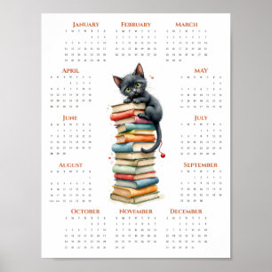 Poster Gato Preto em Livros Antigos Calendário de Uma Pág