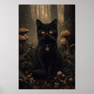 Poster Gato preto em uma floresta escura de outono com co