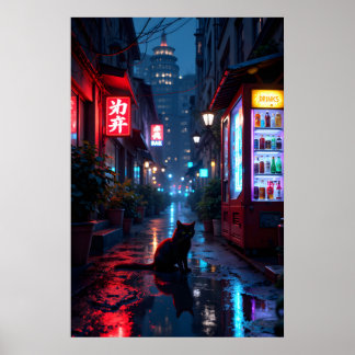 Poster Gato preto em viela urbana à noite com luzes neon