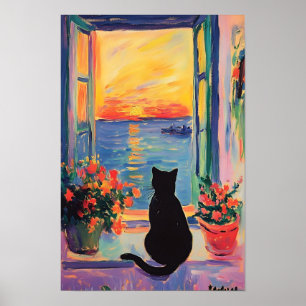 Poster Gato preto engraçado a desfrutar do pôr do sol 