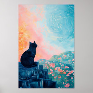 Poster Gato preto engraçado Banana e vaso de flores