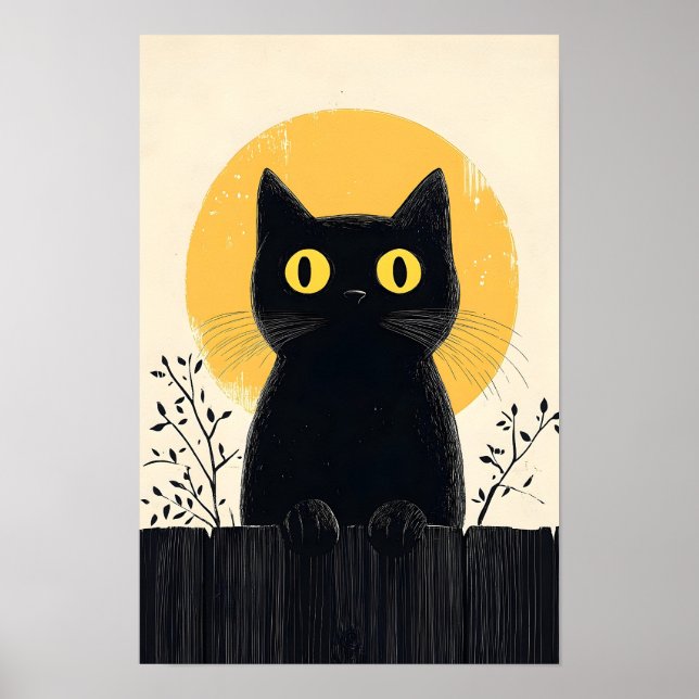 Poster Gato preto engraçado com Lua Cheia (Frente)