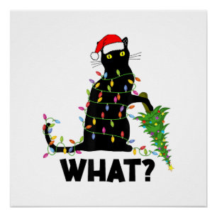 Pôster Gato Preto Engraçado Derrubando Árvore de Natal Ga