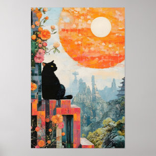 Poster Gato preto engraçado desfrutando da lua cheia