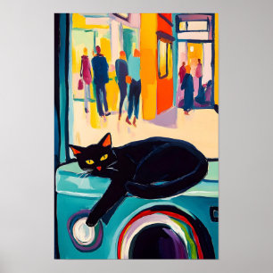 Poster Gato Preto Engraçado e Máquina de Lavar