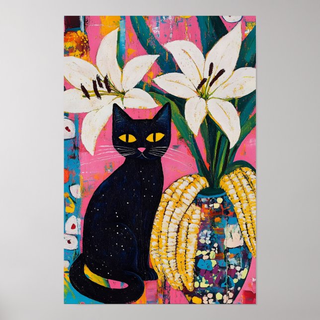 Poster Gato Preto Engraçado e Vaso de Flores  (Frente)