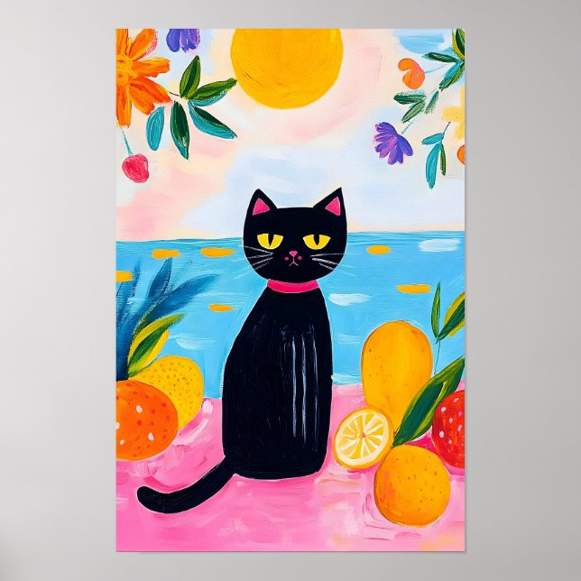 Poster Gato Preto Engraçado Fruta Fresca e Mar (Frente)