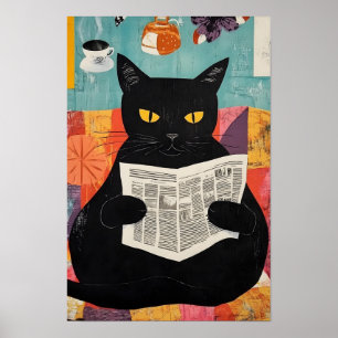 Poster Gato preto engraçado lendo jornal 