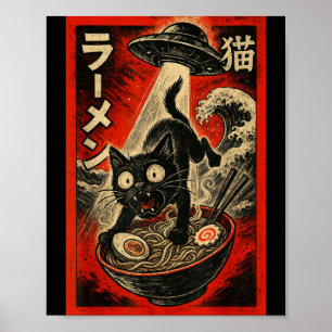 Poster Gato Preto Engraçado Ramen Alien Ufo Abdução Japon
