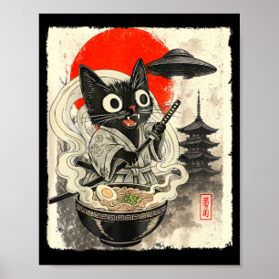 Poster Gato Preto Engraçado Ramen Alien Ufo Abdução Japon