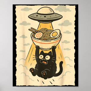 Poster Gato Preto Engraçado Ufo Ramen Abdução Alienígena