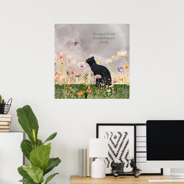 Poster Gato Preto entre Flores (Escritório em casa)