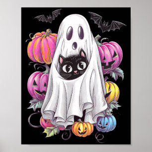 Poster Gato Preto Fantasma Com Abóboras Halloween Assusta