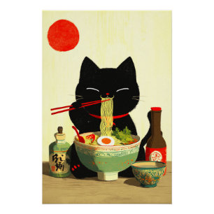 Pôster Gato Preto Feliz Comendo Ramen Ukiyo-e Japonês