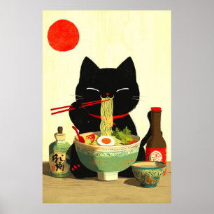 Poster Gato Preto Feliz Comendo Ramen Ukiyo-e Japonês